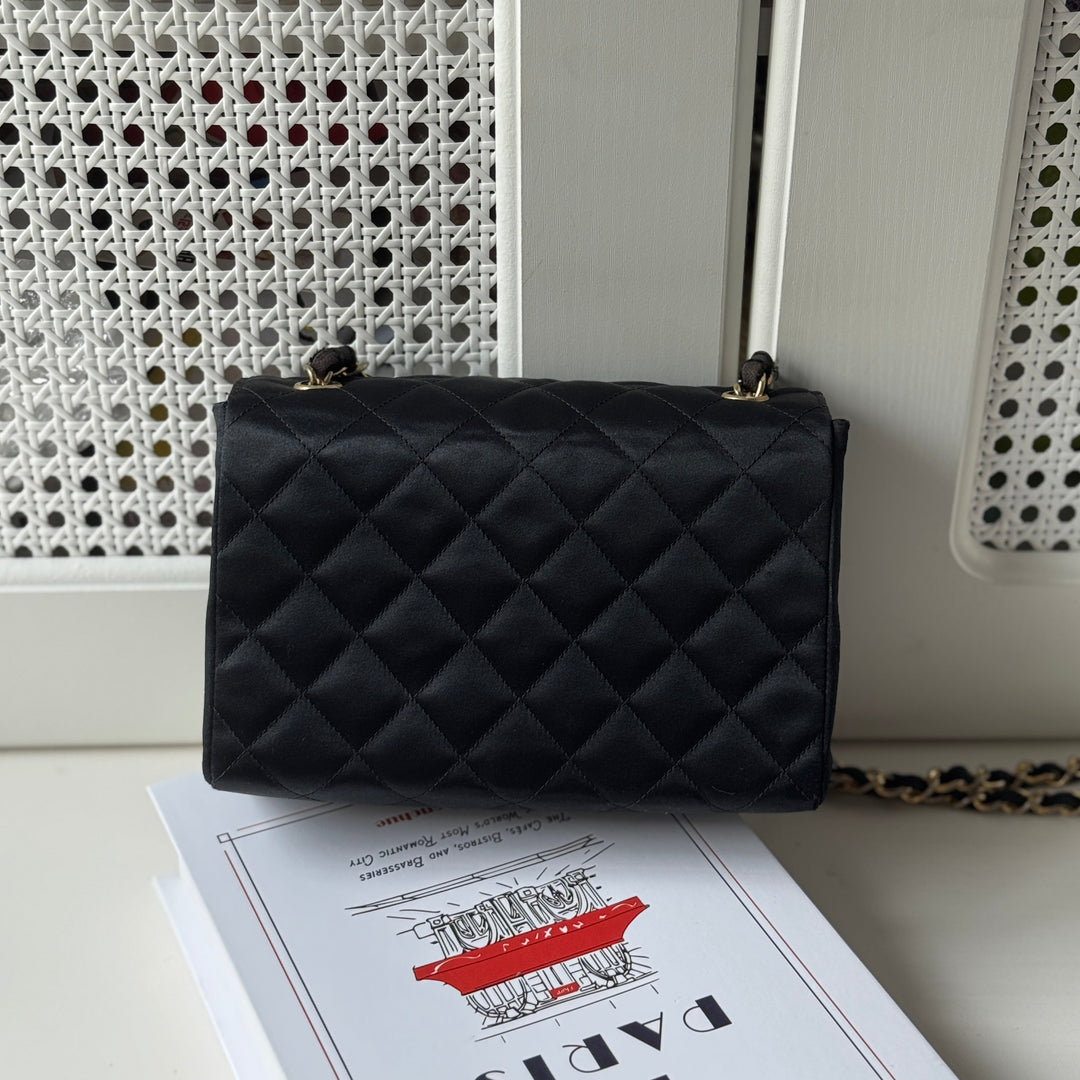 Chanel Vintage Black Satin CC Logo Shoulder Bag