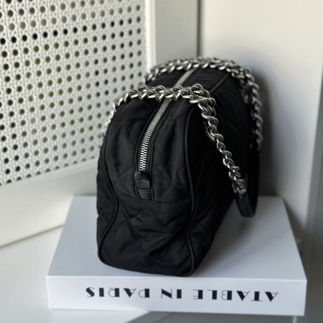 Prada Black Quilted Nylon Tessuto Impuntu Chain Strap Bauletto Purse Handbag
