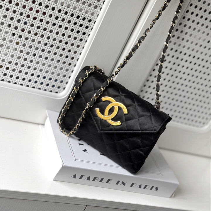 Chanel Vintage Black Satin CC Logo Shoulder Bag