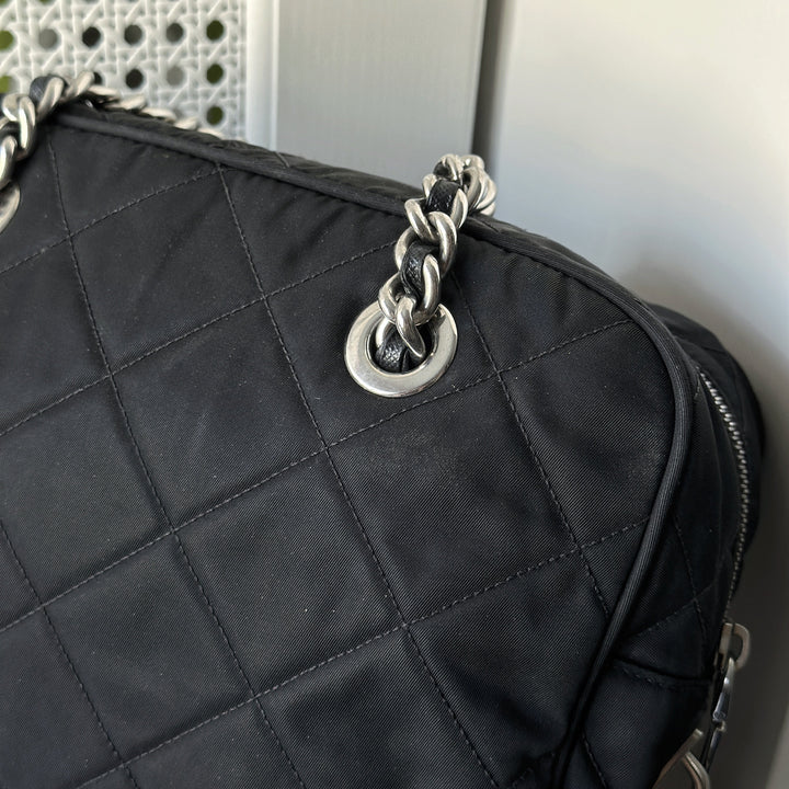 Prada Black Quilted Nylon Tessuto Impuntu Chain Strap Bauletto Purse Handbag