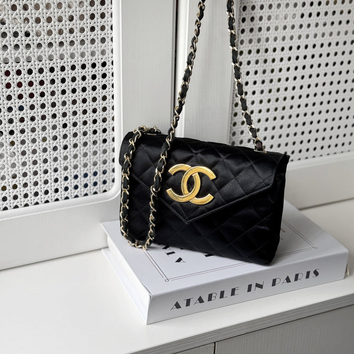 Chanel Vintage Black Satin CC Logo Shoulder Bag