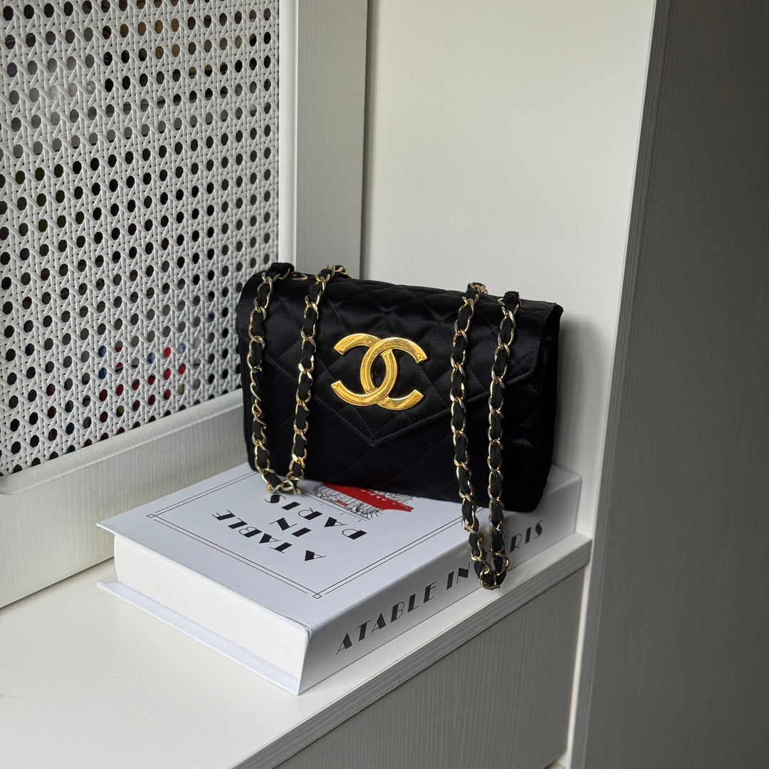 Chanel Vintage Black Satin CC Logo Shoulder Bag