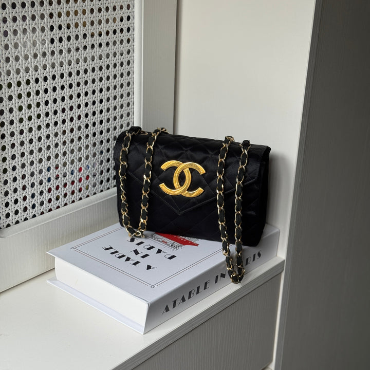 Chanel Vintage Black Satin CC Logo Shoulder Bag