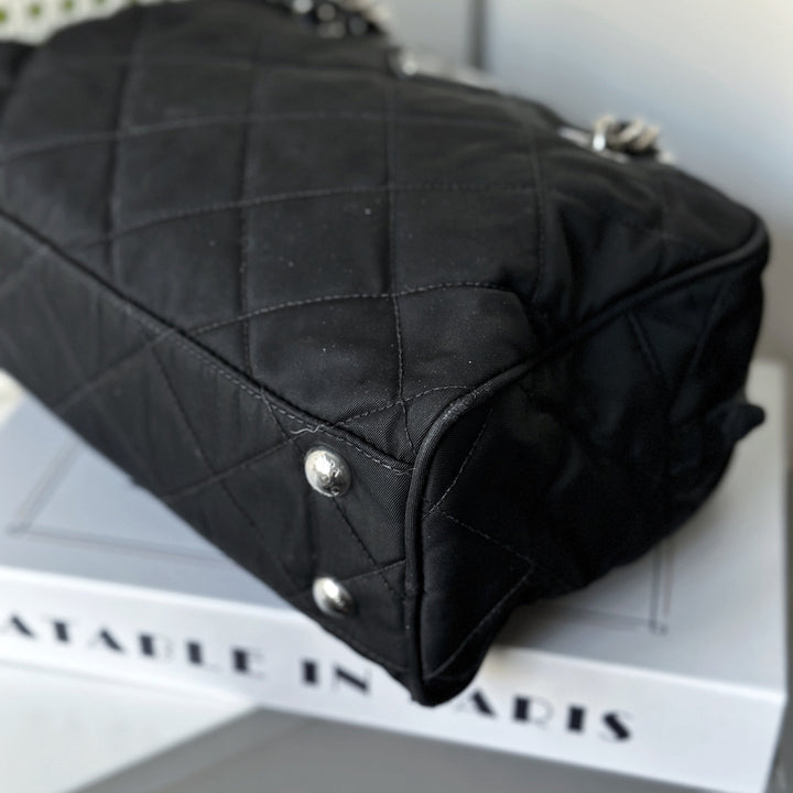 Prada Black Quilted Nylon Tessuto Impuntu Chain Strap Bauletto Purse Handbag