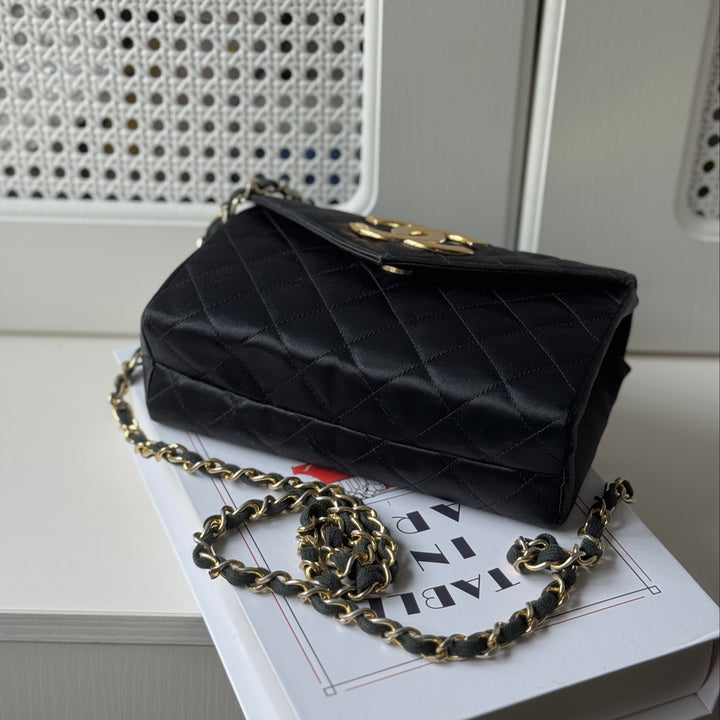 Chanel Vintage Black Satin CC Logo Shoulder Bag