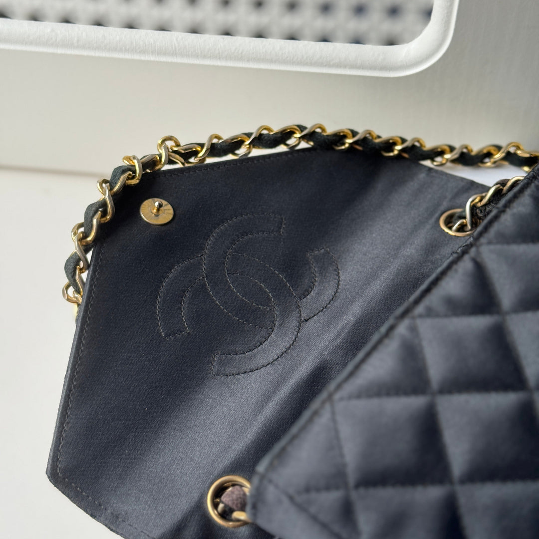Chanel Vintage Black Satin CC Logo Shoulder Bag
