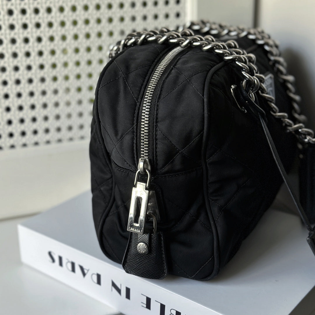 Prada Black Quilted Nylon Tessuto Impuntu Chain Strap Bauletto Purse Handbag