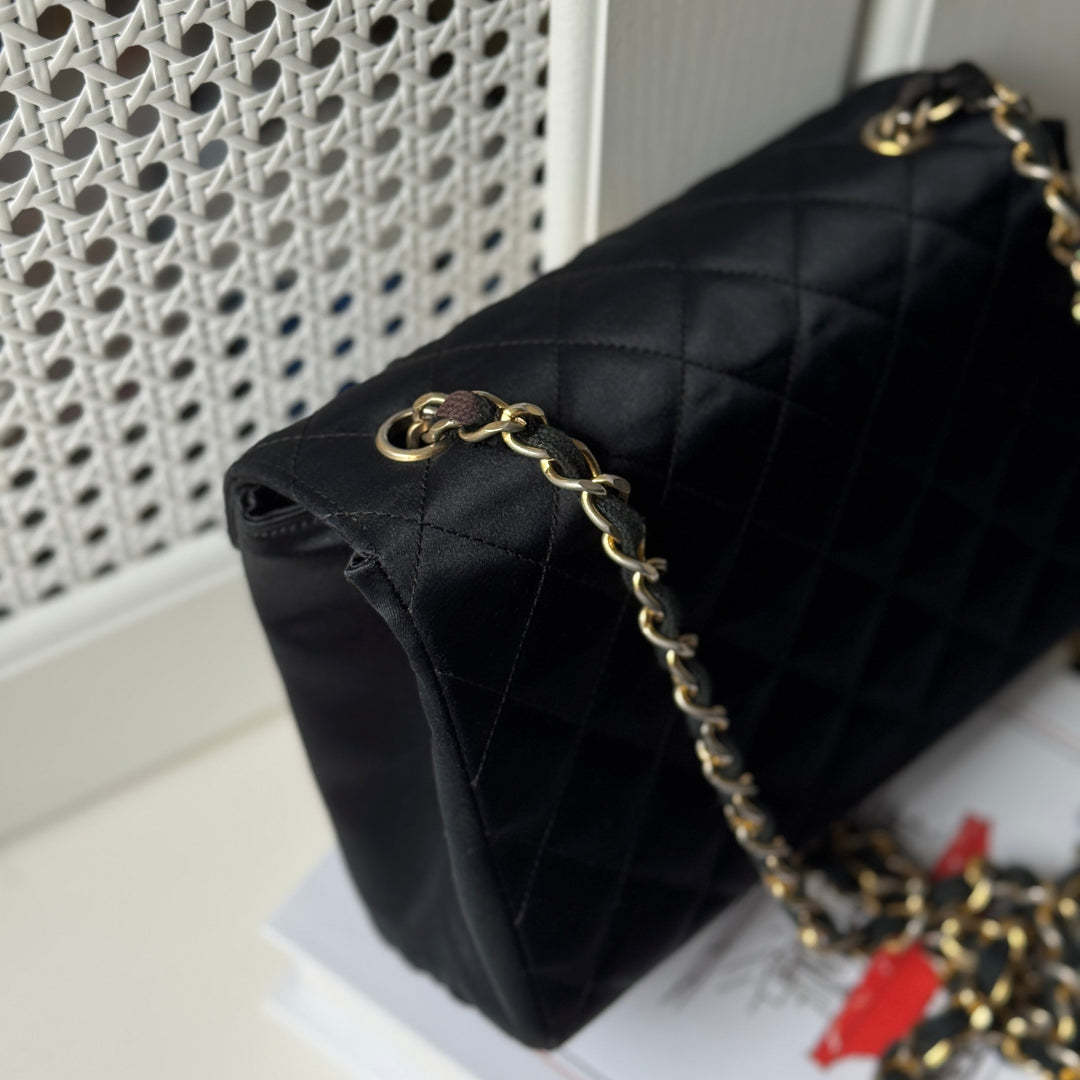 Chanel Vintage Black Satin CC Logo Shoulder Bag