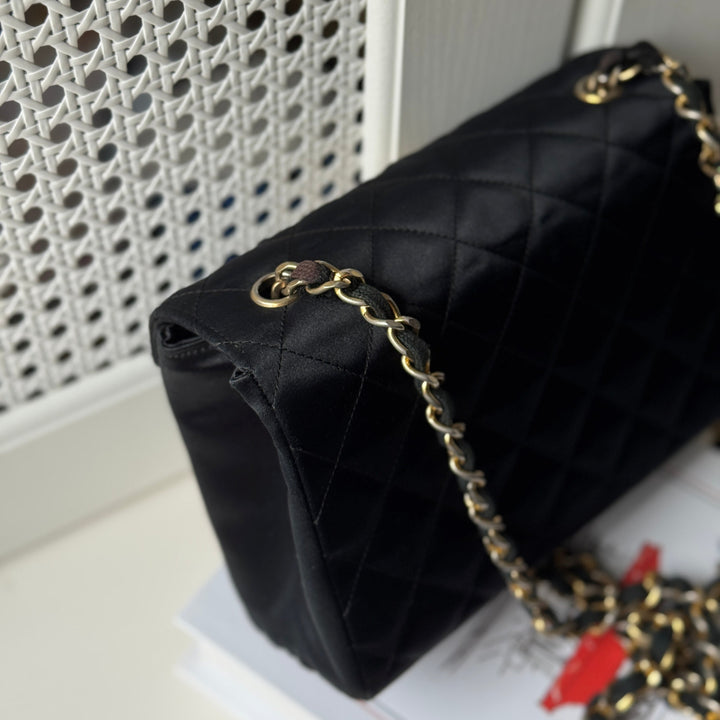 Chanel Vintage Black Satin CC Logo Shoulder Bag