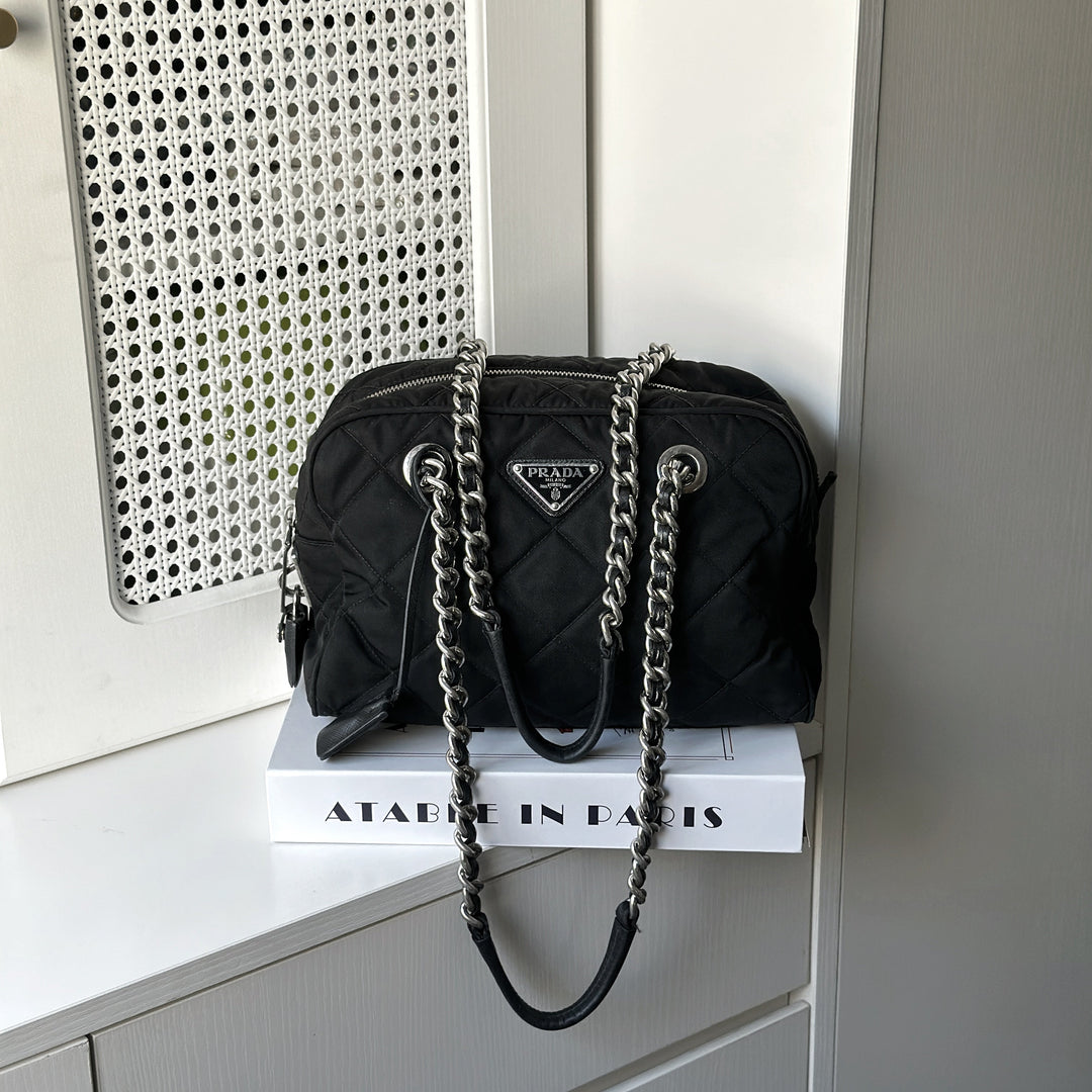 Prada Black Quilted Nylon Tessuto Impuntu Chain Strap Bauletto Purse Handbag