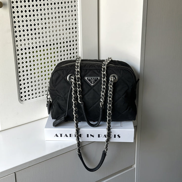 Prada Black Quilted Nylon Tessuto Impuntu Chain Strap Bauletto Purse Handbag