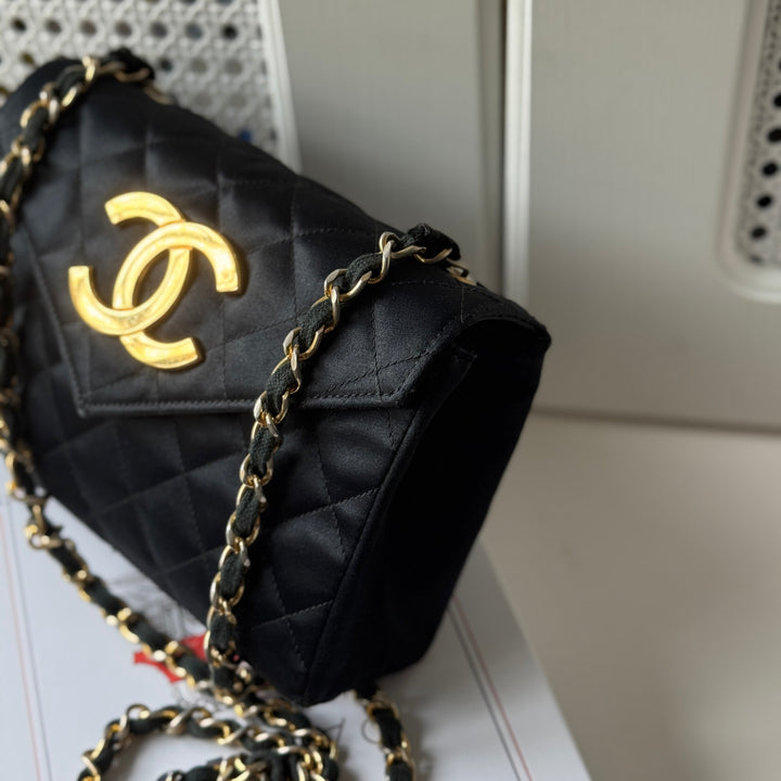 Chanel Vintage Black Satin CC Logo Shoulder Bag