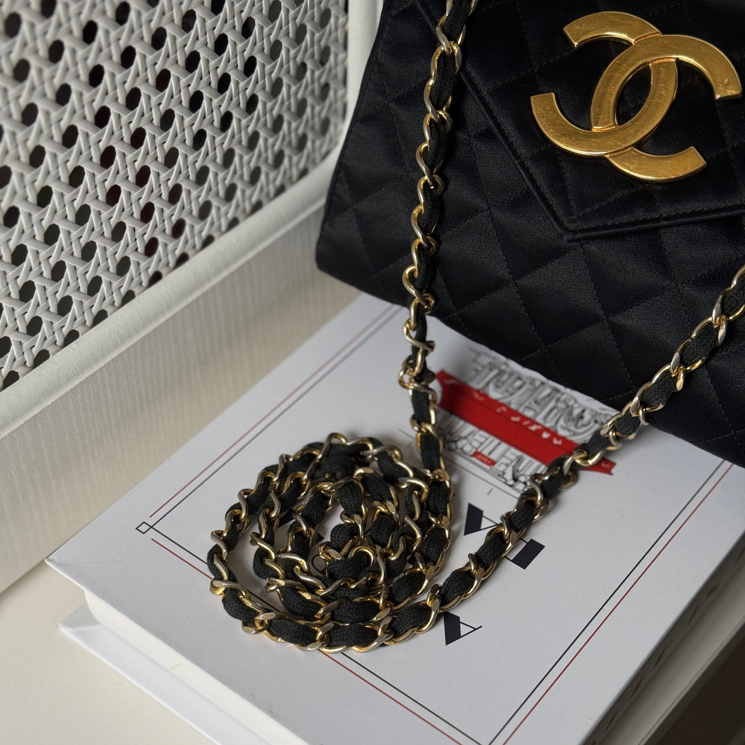 Chanel Vintage Black Satin CC Logo Shoulder Bag