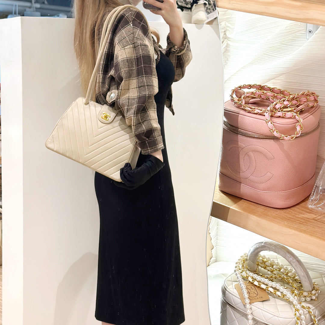 Chanel vintage V shape suede leather tote bag