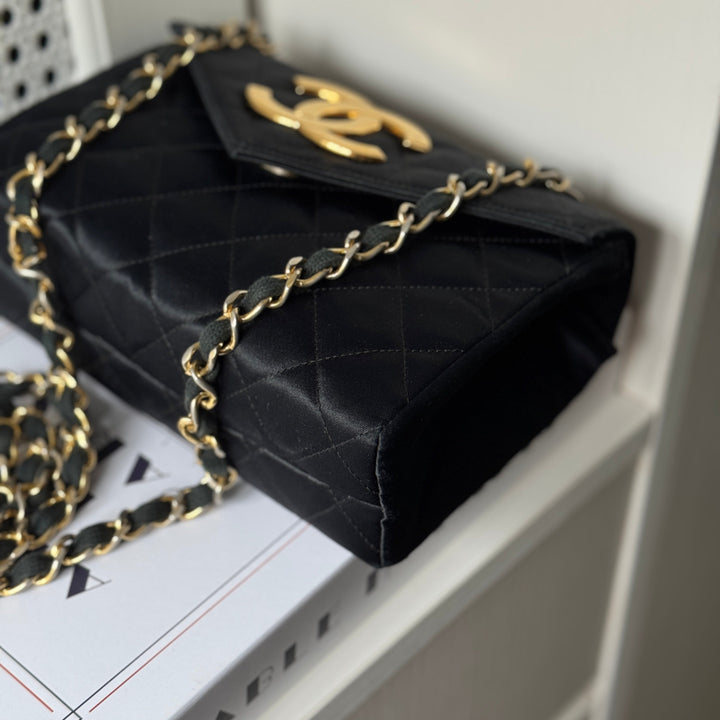 Chanel Vintage Black Satin CC Logo Shoulder Bag
