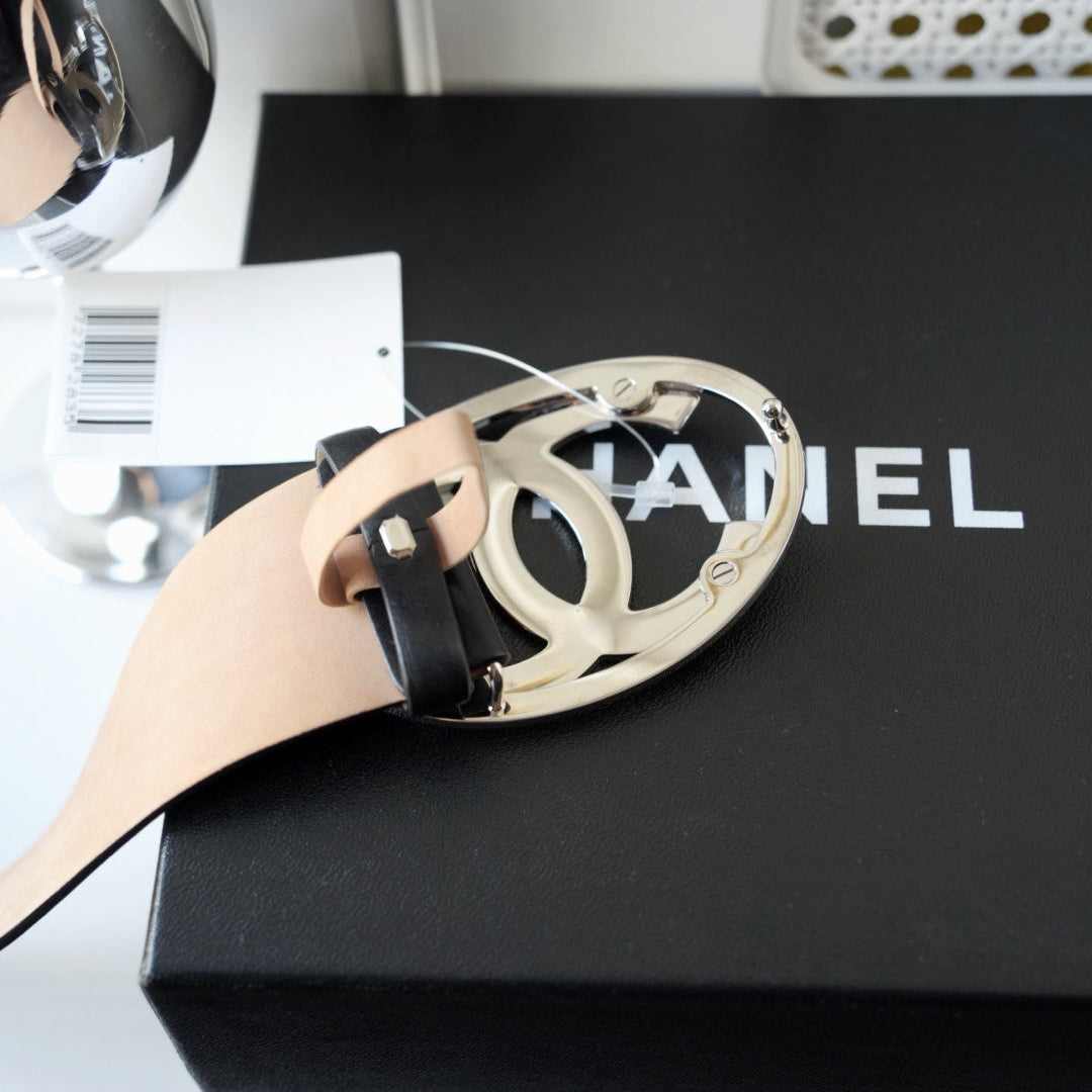 Chanel Black Leather CC Oval Wide Belt