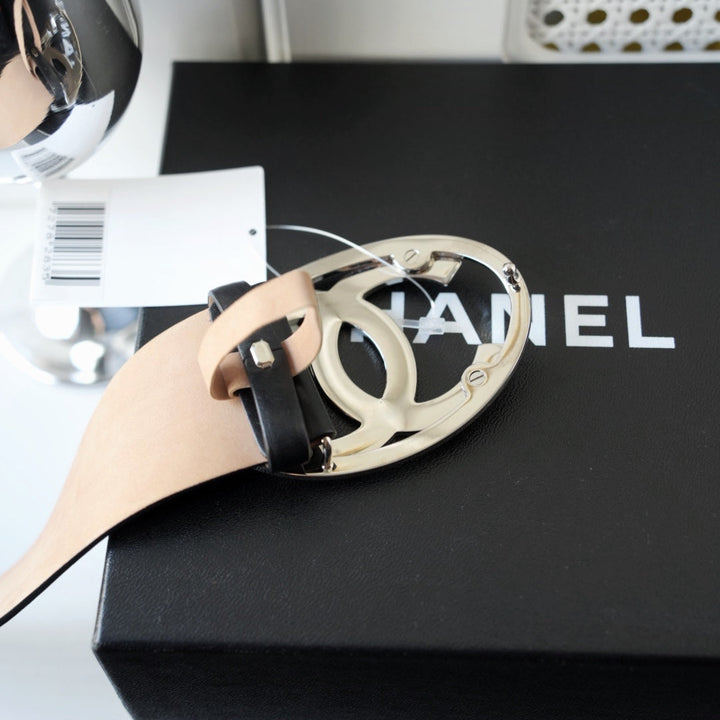 Chanel Black Leather CC Oval Wide Belt