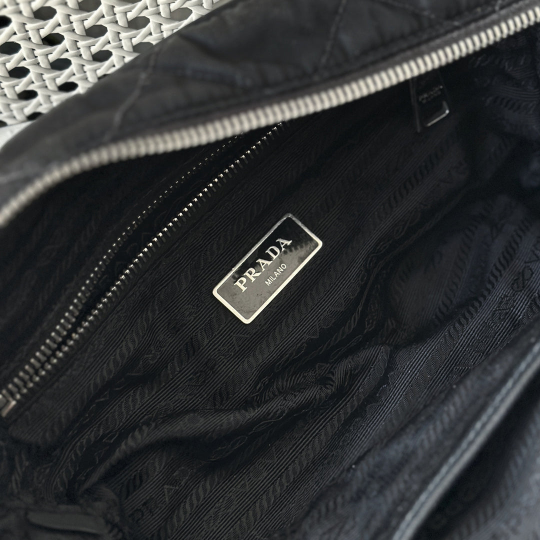 Prada Black Quilted Nylon Tessuto Impuntu Chain Strap Bauletto Purse Handbag
