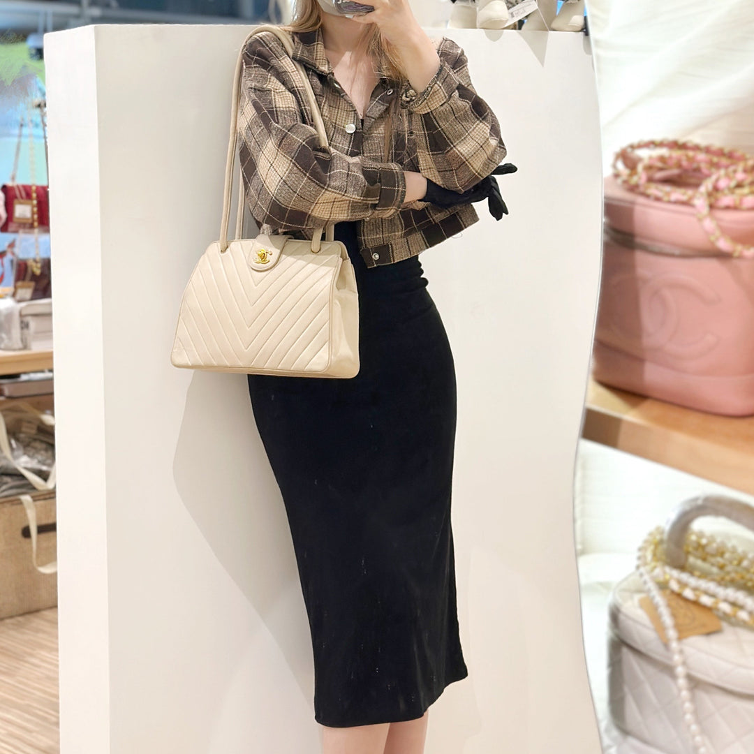Chanel vintage V shape suede leather tote bag