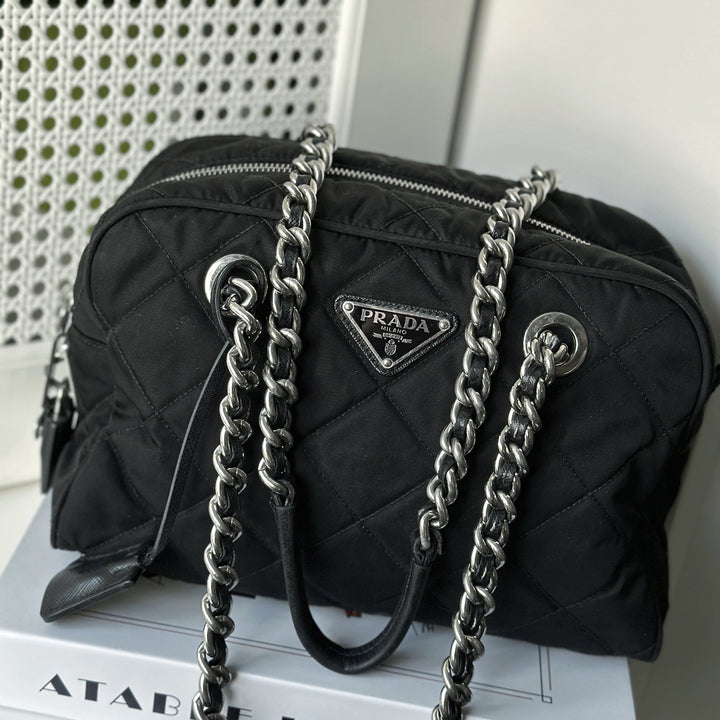 Prada Black Quilted Nylon Tessuto Impuntu Chain Strap Bauletto Purse Handbag