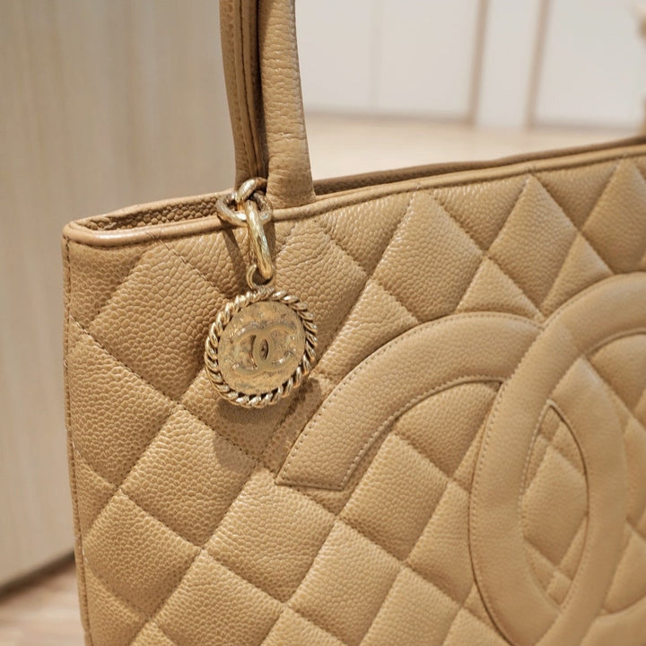 Chanel vintage medallion beige tote bag