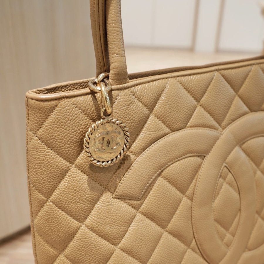 Chanel vintage medallion beige tote bag