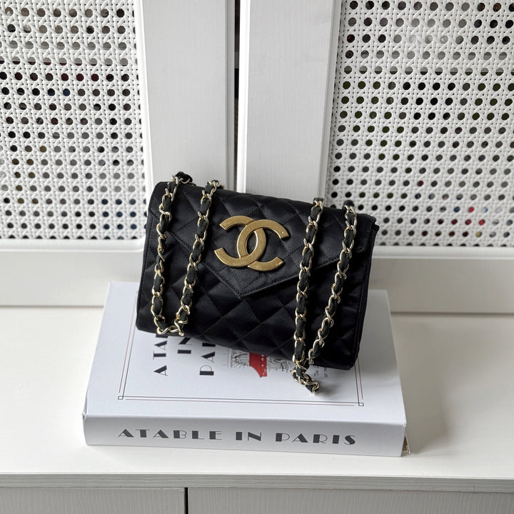 Chanel Vintage Black Satin CC Logo Shoulder Bag