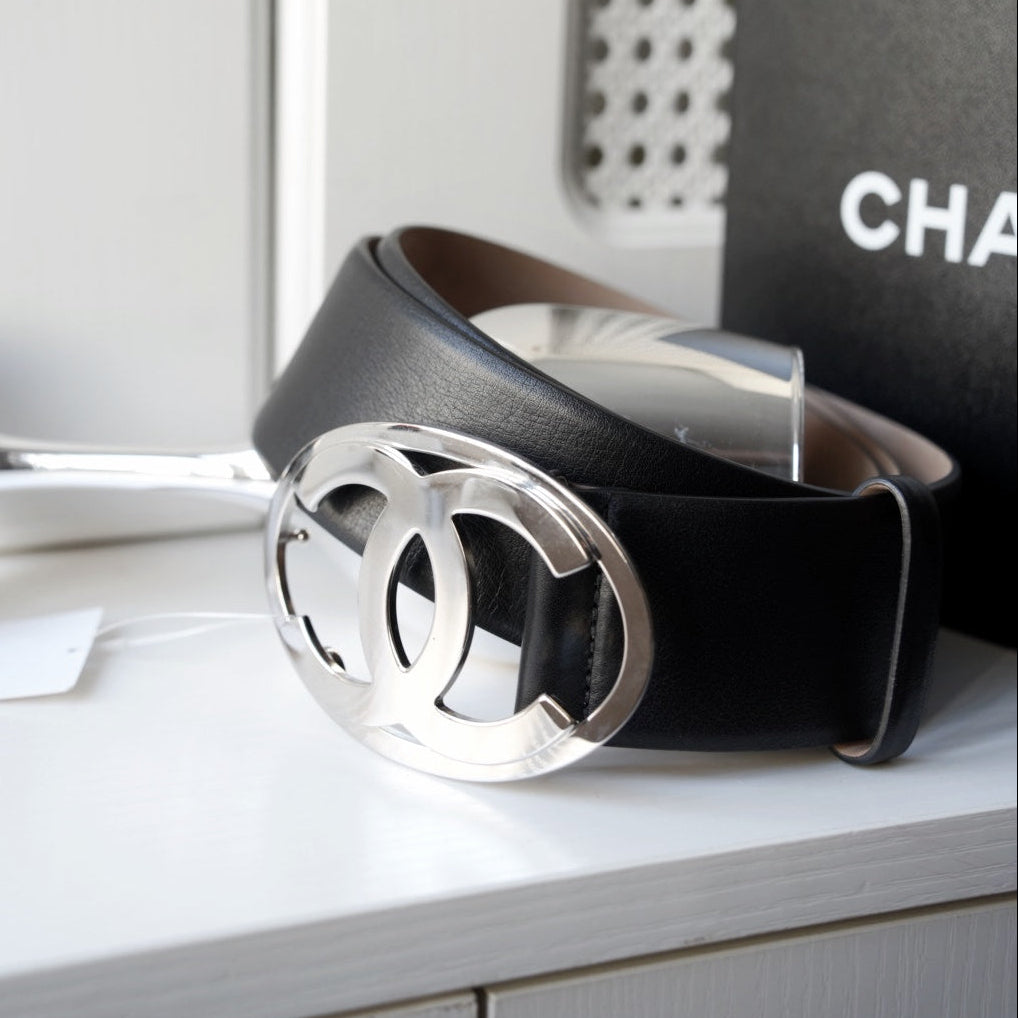 Chanel Black Leather CC Oval Wide Belt