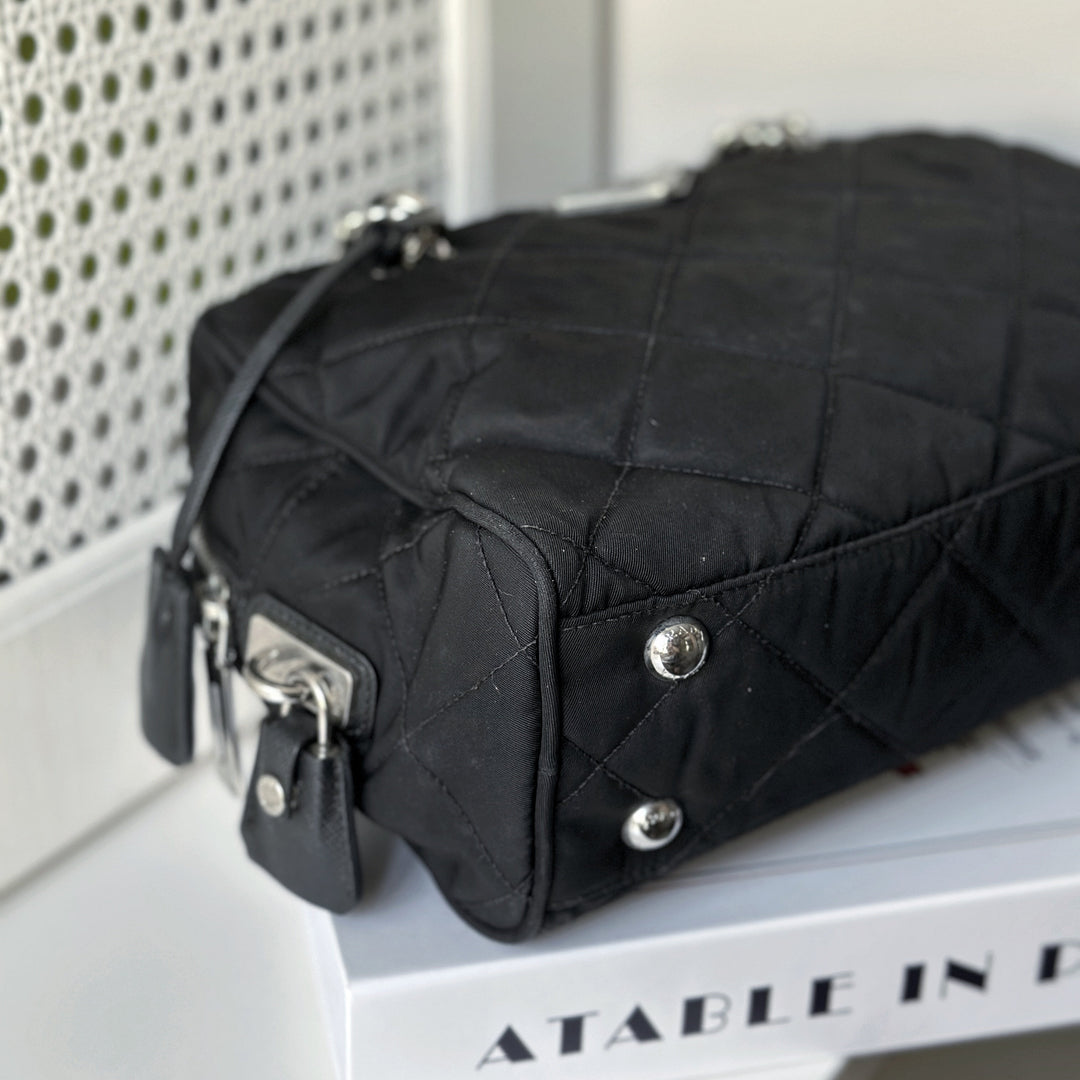 Prada Black Quilted Nylon Tessuto Impuntu Chain Strap Bauletto Purse Handbag