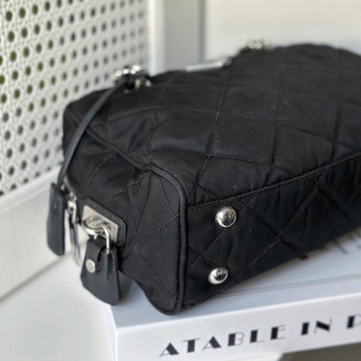 Prada Black Quilted Nylon Tessuto Impuntu Chain Strap Bauletto Purse Handbag