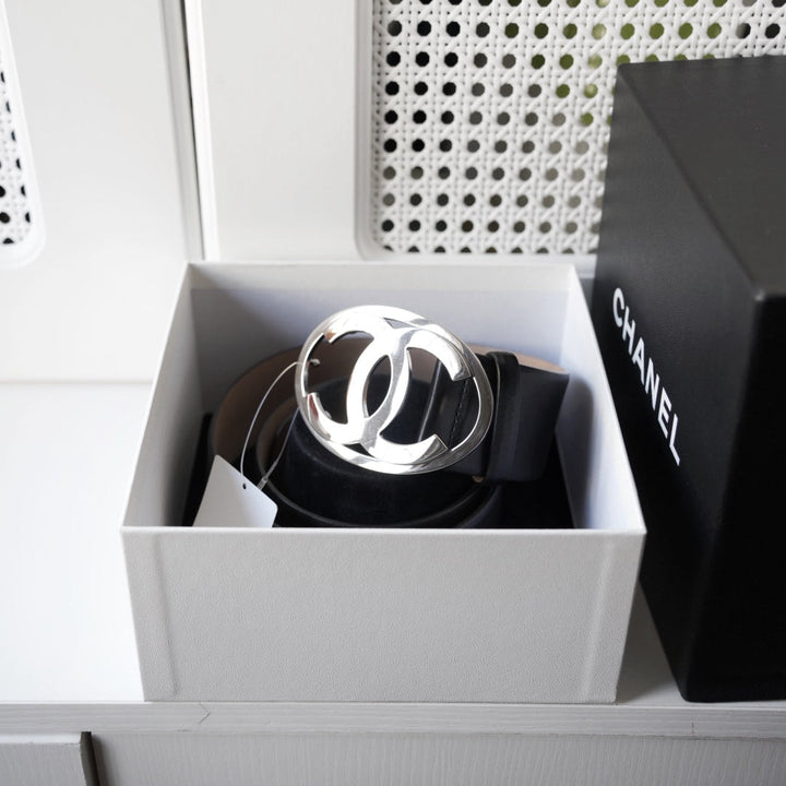Chanel Black Leather CC Oval Wide Belt