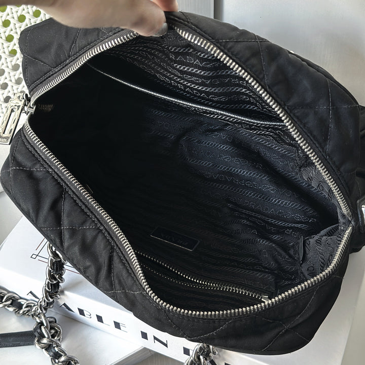 Prada Black Quilted Nylon Tessuto Impuntu Chain Strap Bauletto Purse Handbag