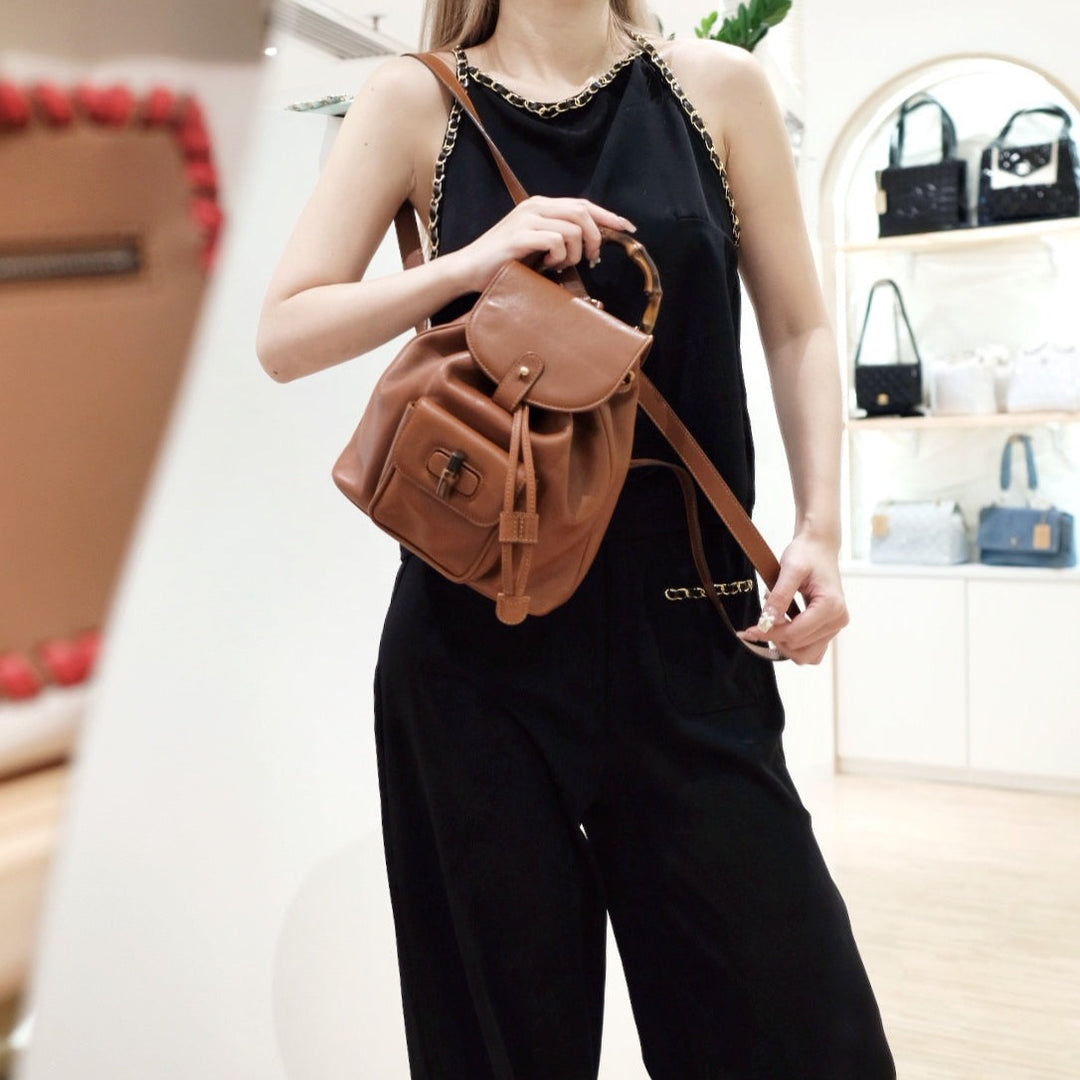 Gucci black vintage mini leather bamboo backpack