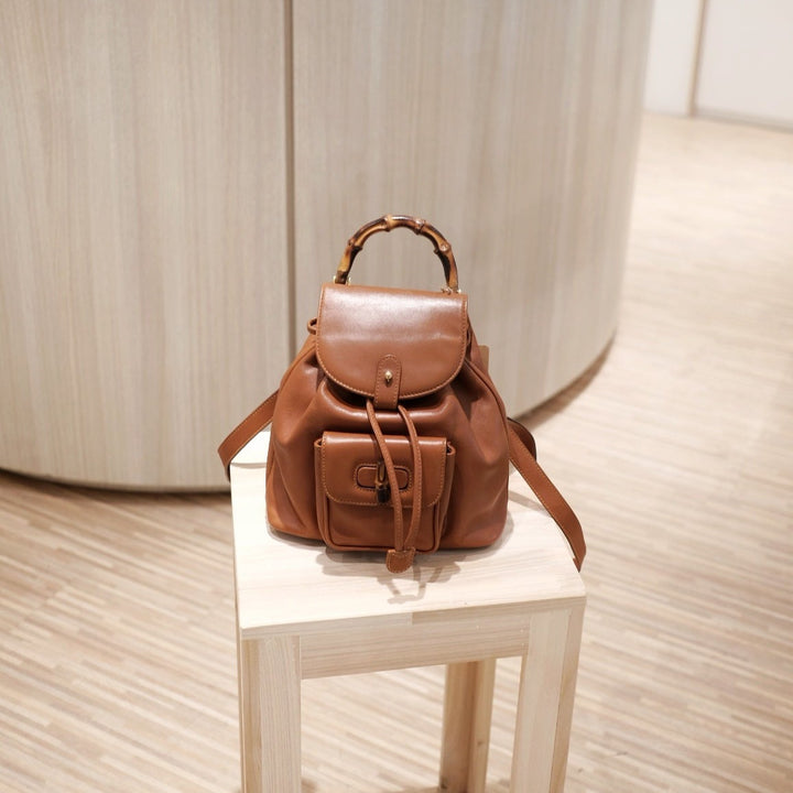 Gucci black vintage mini leather bamboo backpack