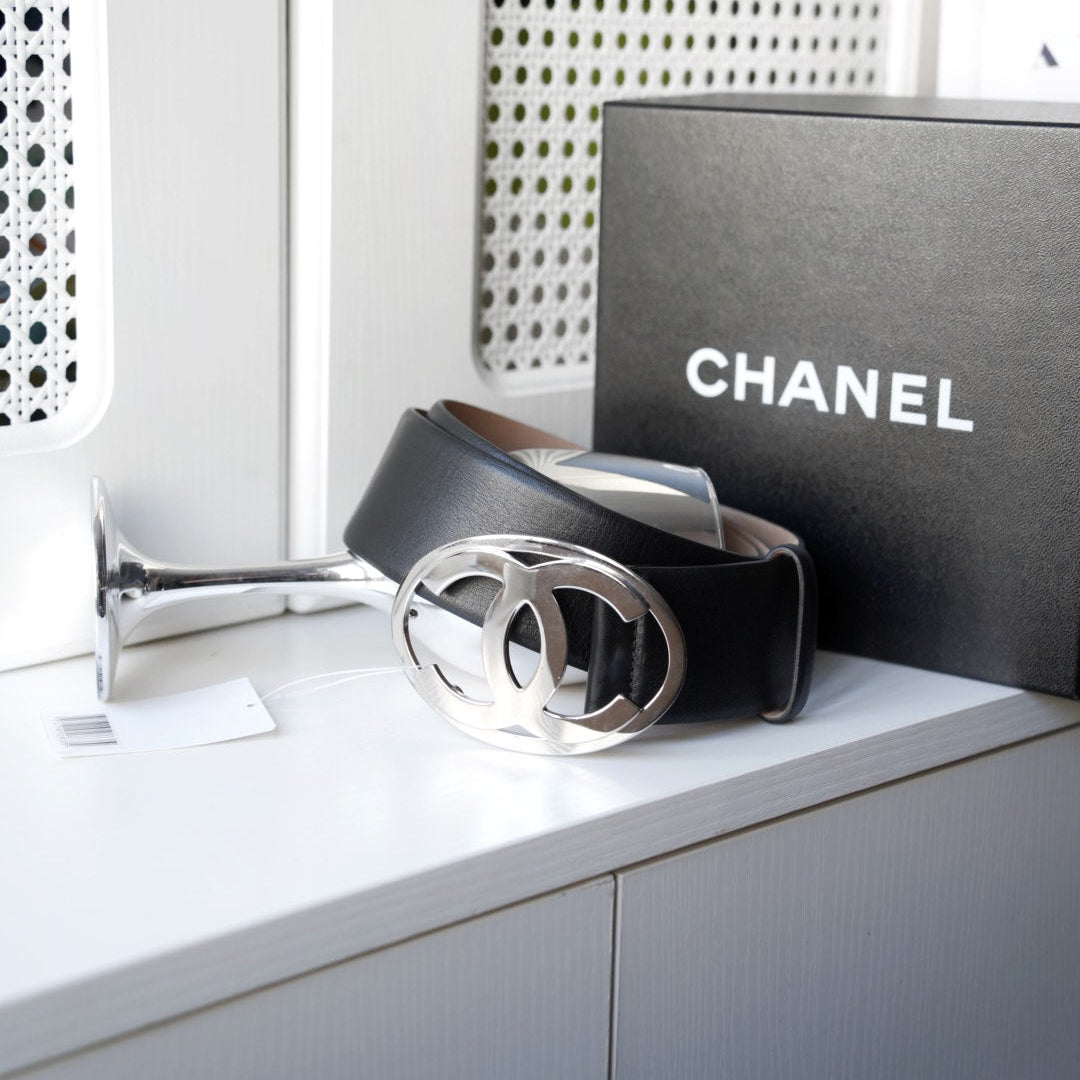 Chanel Black Leather CC Oval Wide Belt