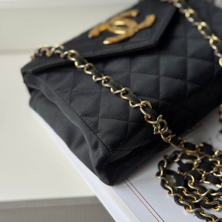 Chanel Vintage Black Satin CC Logo Shoulder Bag