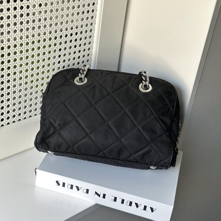 Prada Black Quilted Nylon Tessuto Impuntu Chain Strap Bauletto Purse Handbag