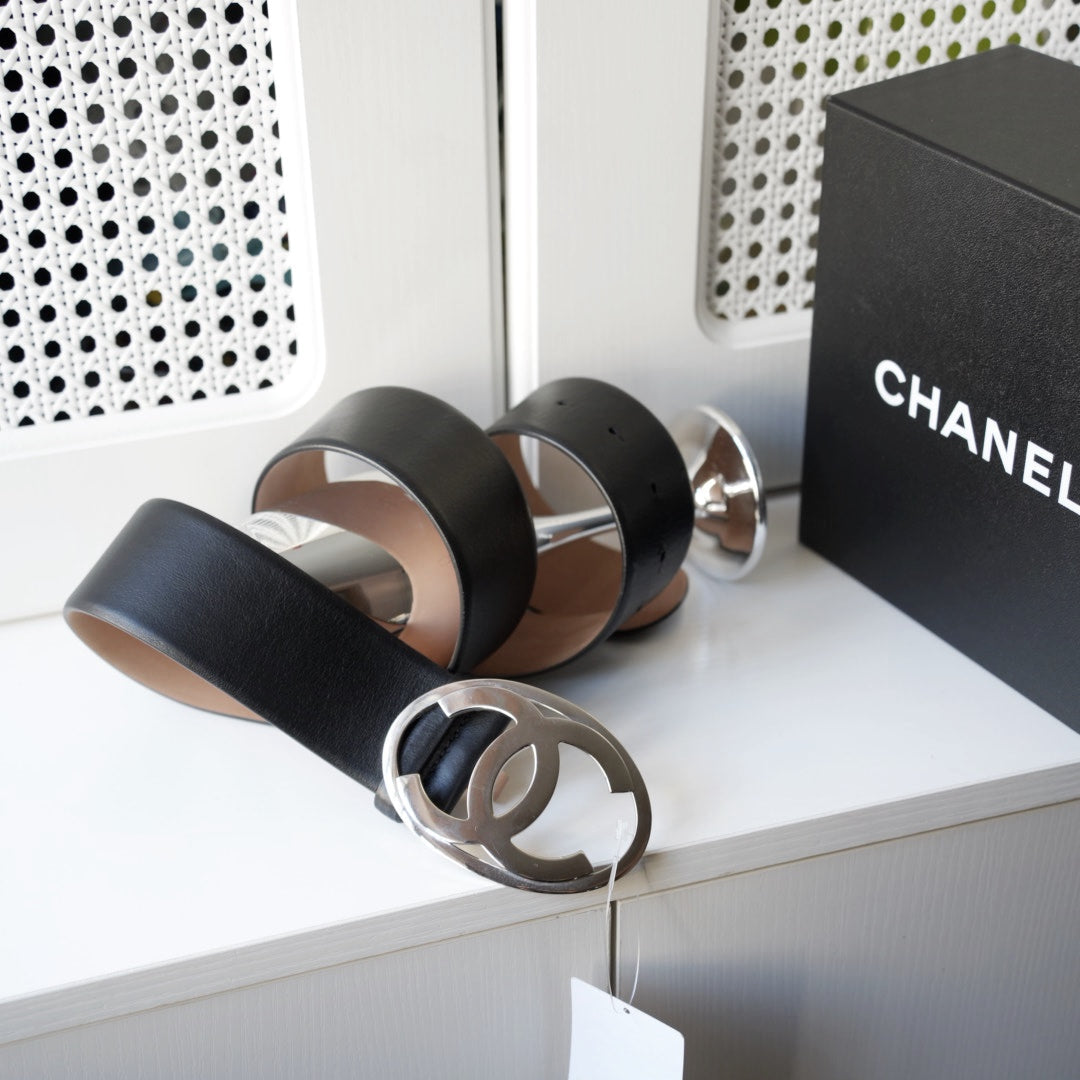 Chanel Black Leather CC Oval Wide Belt