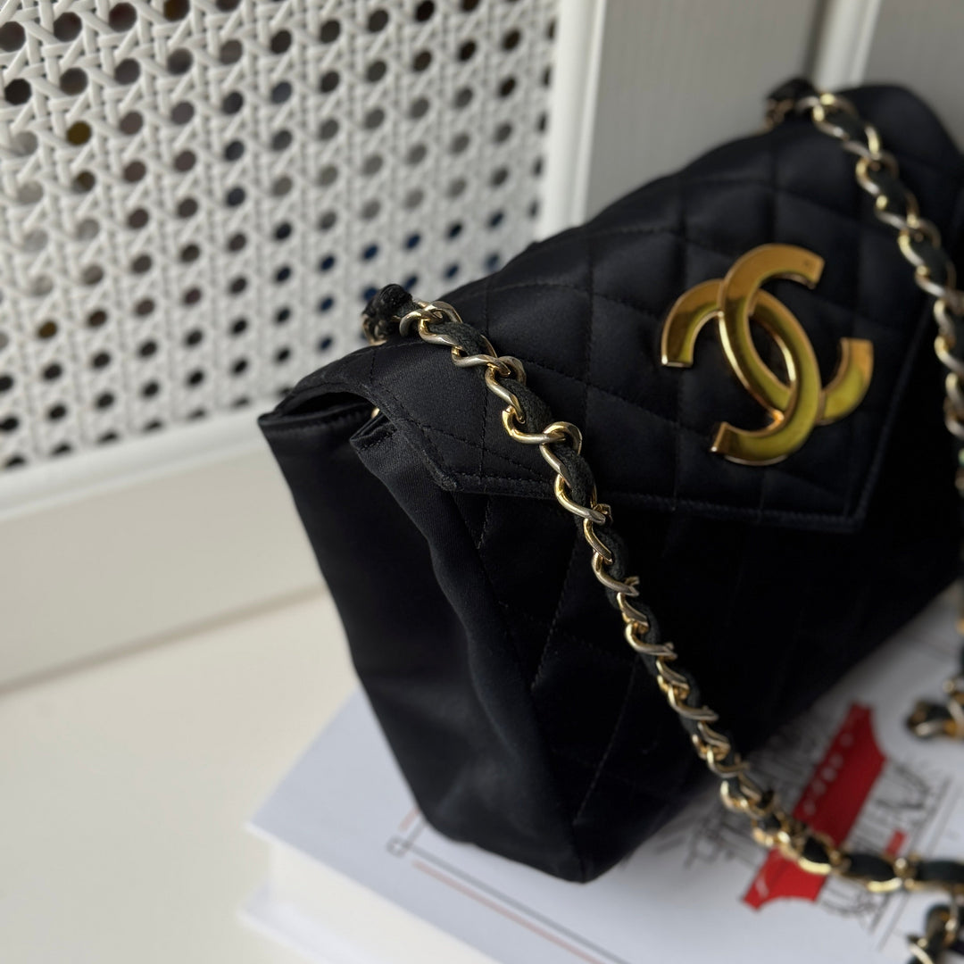Chanel Vintage Black Satin CC Logo Shoulder Bag