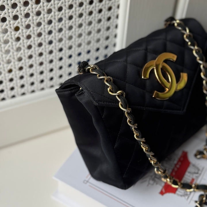 Chanel Vintage Black Satin CC Logo Shoulder Bag