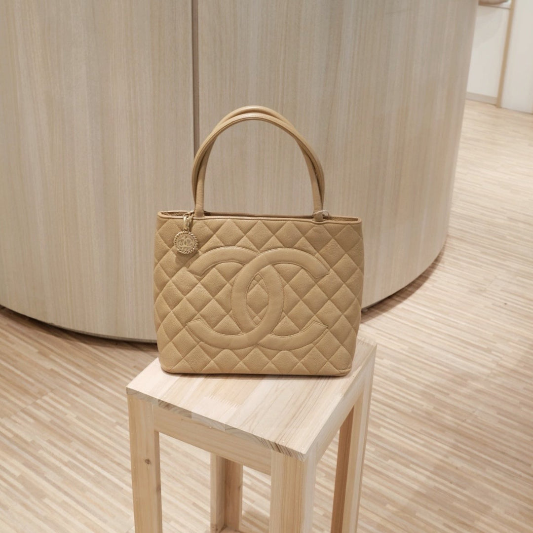 Chanel vintage medallion beige tote bag