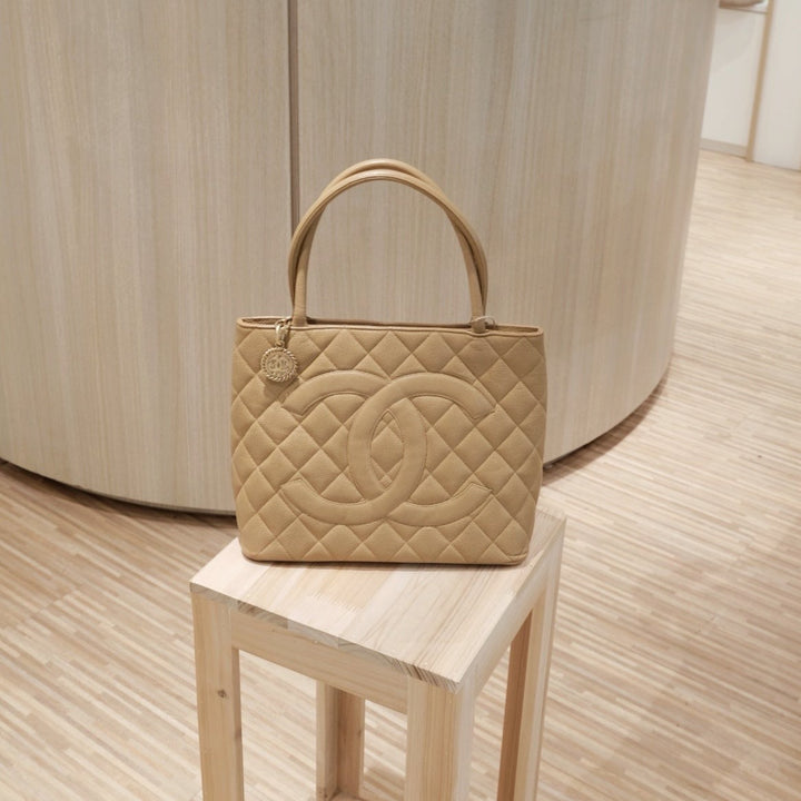 Chanel vintage medallion beige tote bag