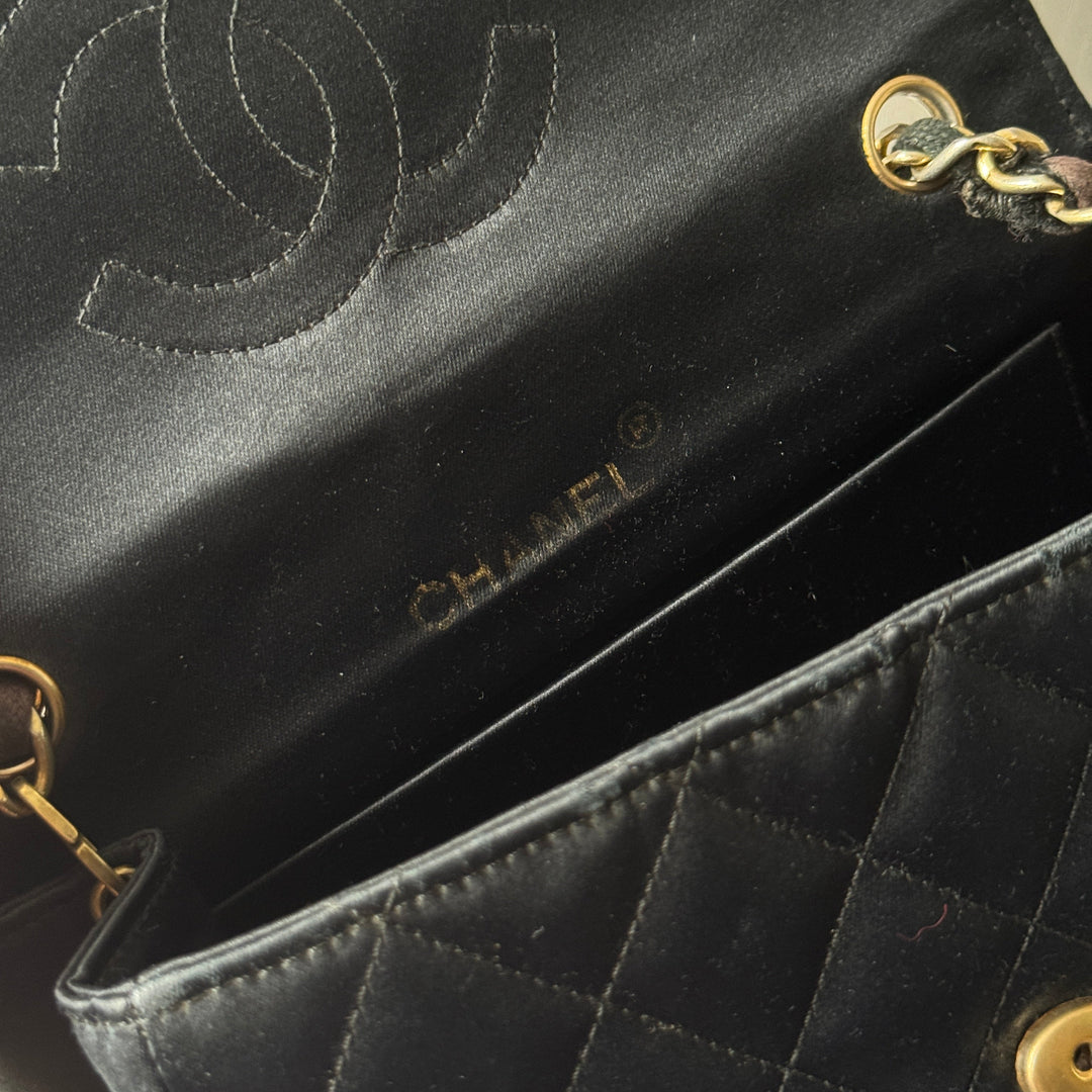 Chanel Vintage Black Satin CC Logo Shoulder Bag