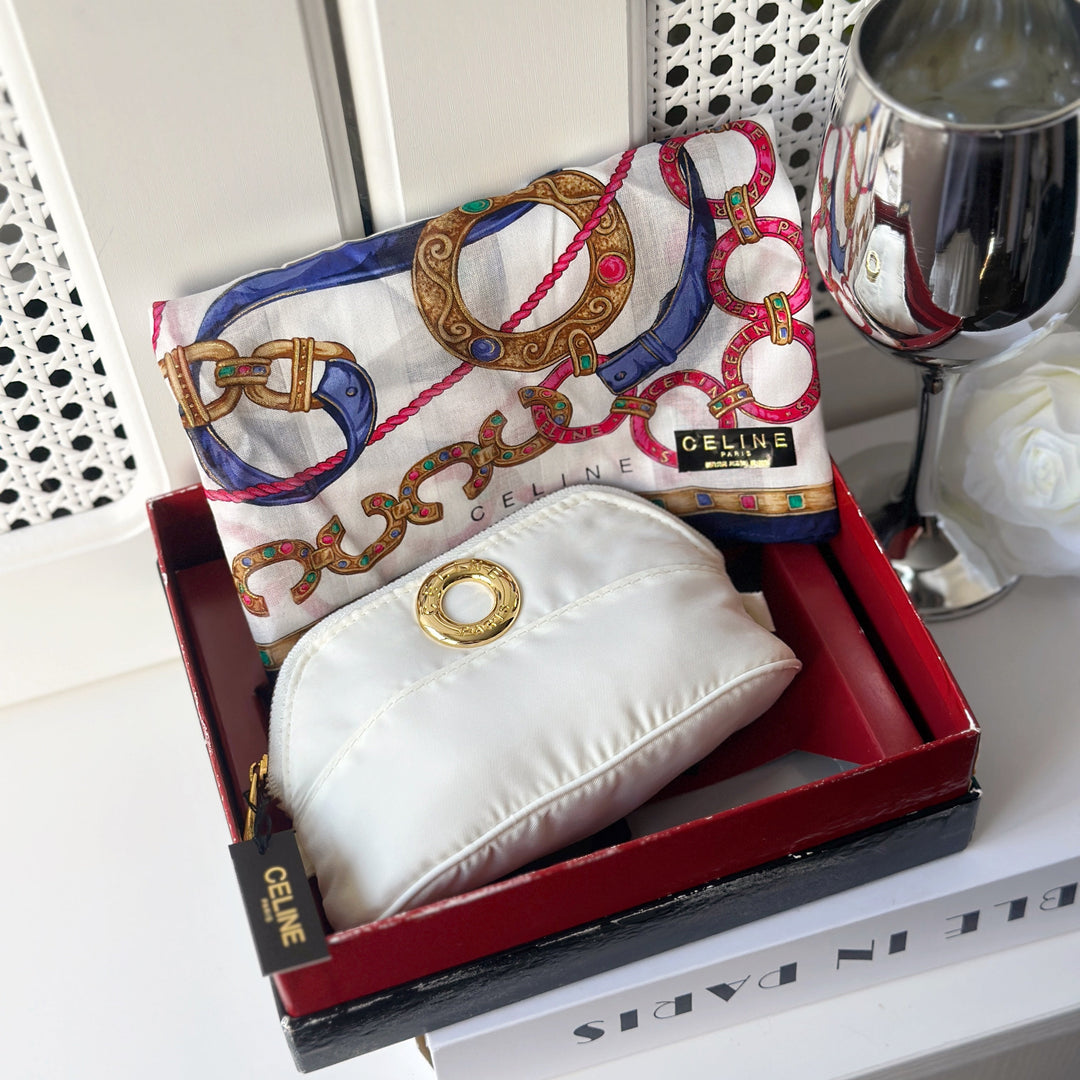 CELINE Ring Logos Mini Cosmetic Pouch + Scarf Set
