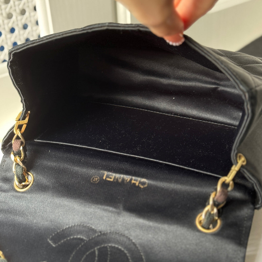 Chanel Vintage Black Satin CC Logo Shoulder Bag