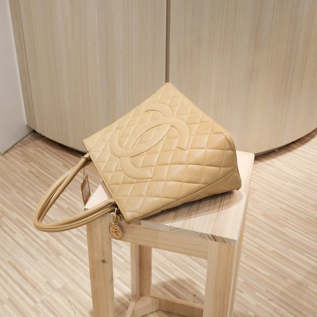 Chanel vintage medallion beige tote bag