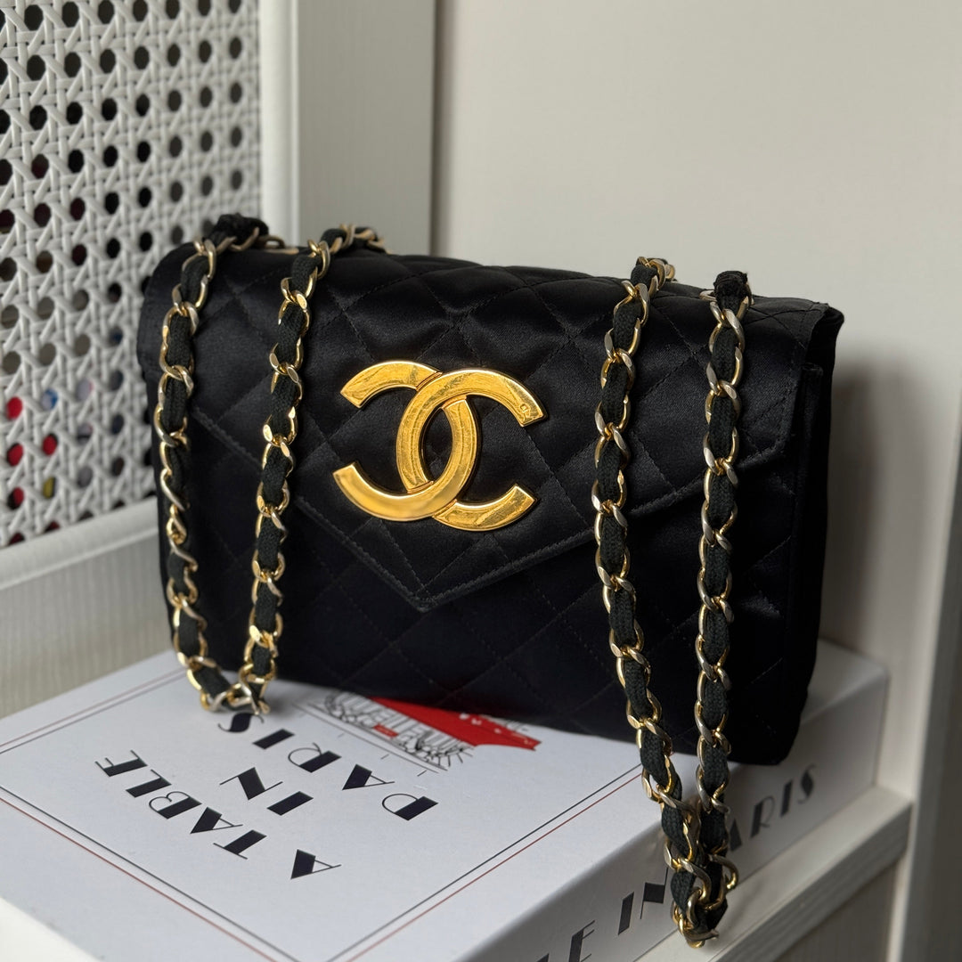 Chanel Vintage Black Satin CC Logo Shoulder Bag