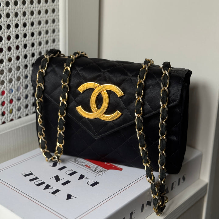 Chanel Vintage Black Satin CC Logo Shoulder Bag