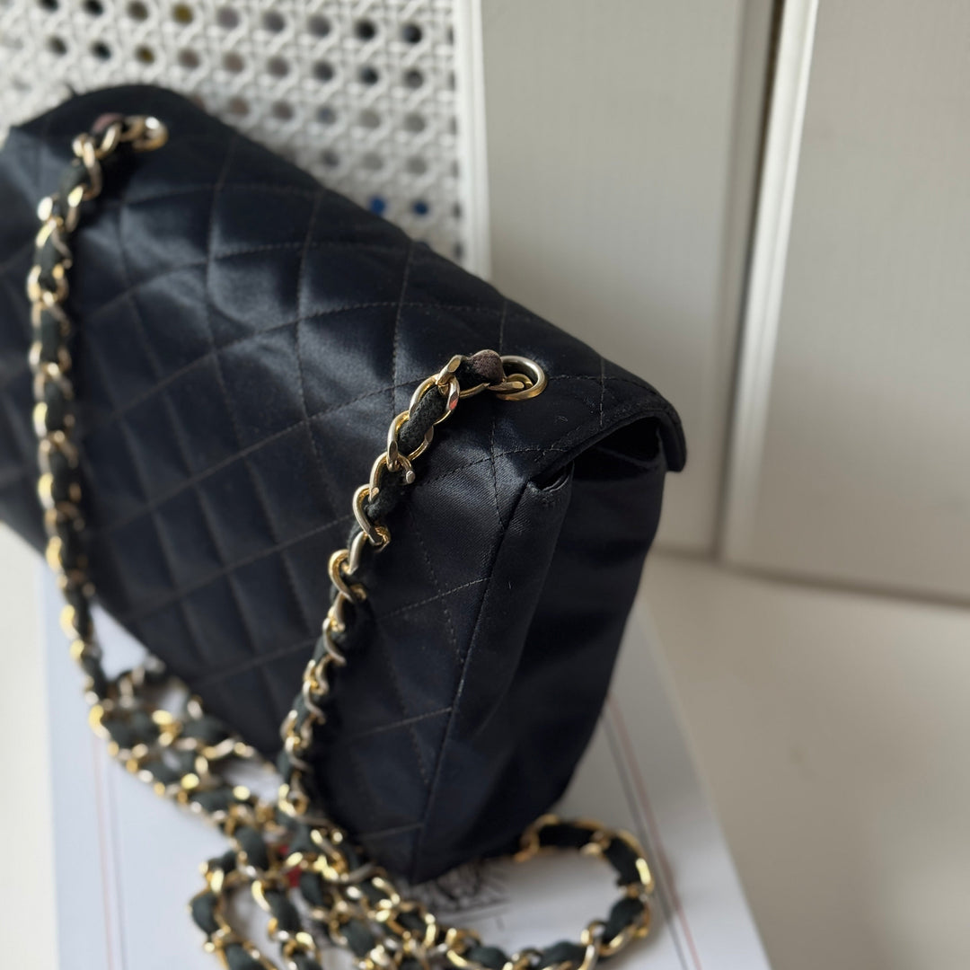 Chanel Vintage Black Satin CC Logo Shoulder Bag