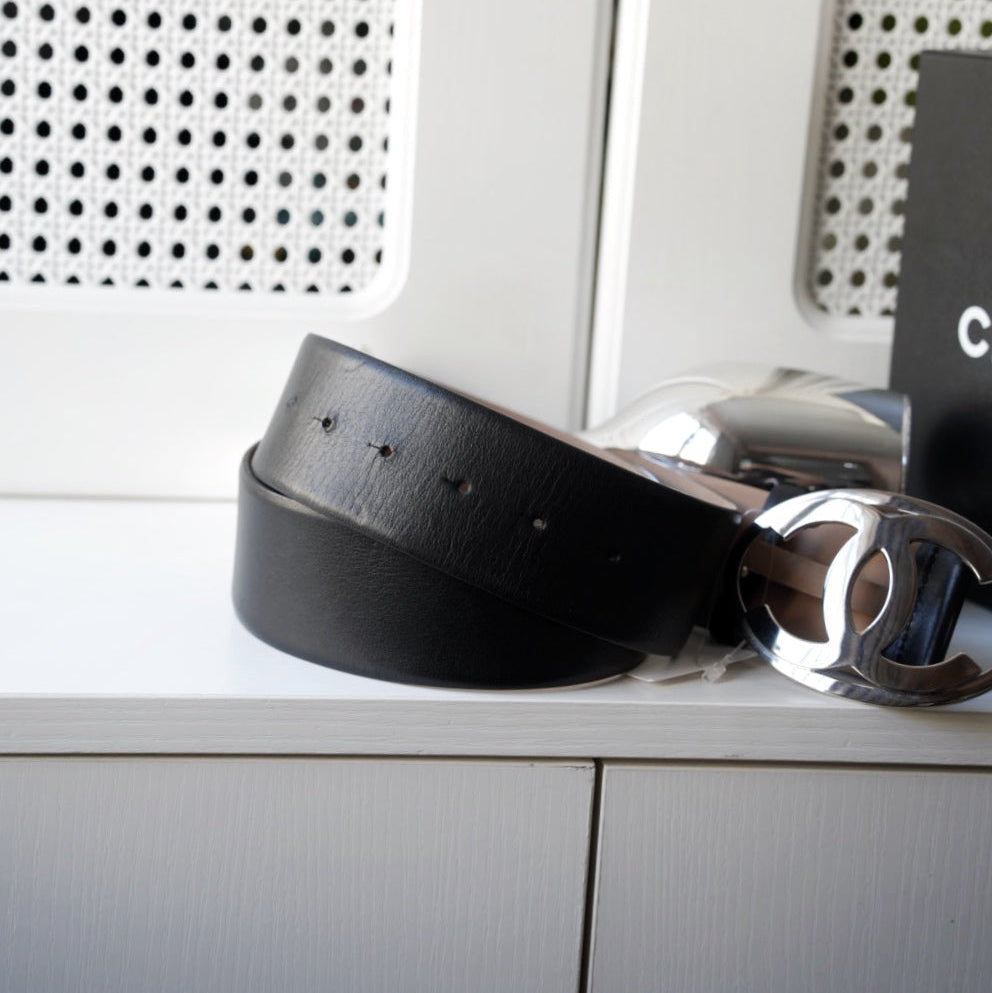 Chanel Black Leather CC Oval Wide Belt